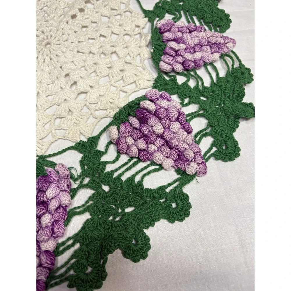 Vintage Hand-Crocheted Doily – Purple Grapes & Green Leaves Popcorn Stitch 13''